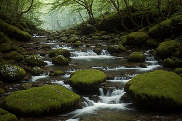 A tranquil woodland stream with moss covered rocks and clear water