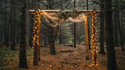 A rustic wooden archway adorned with lights and greenery stands in a forest setting.  The path leading to the arch is covered in fallen leaves.  The soft lighting