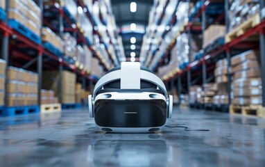A white and black VR headset is sitting on the floor in a warehouse. The warehouse is filled with boxes and crates, giving the impression of a busy and industrial environment
