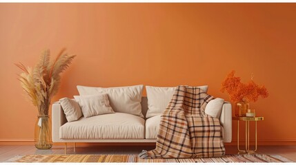 A 3D rendering of a living room interior wall mockup in apricot crush tones featuring a beige linen sofa, a cozy plaid throw, dried grass , and a brass side table