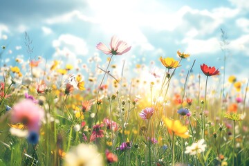 Naklejka premium A vibrant field of wildflowers blooms under a bright blue sky. The flowers sway gently in the breeze. Sunlight streams through the clouds, casting a warm glow on the scene.