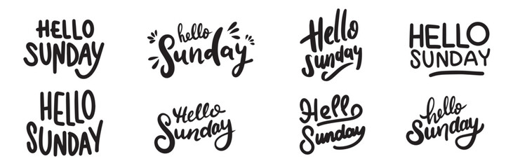 Collection Hello Sunday text lettering. Hand drawn vector art.