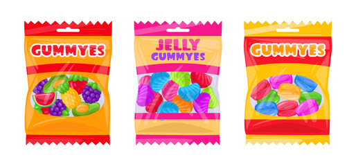 Fruity gummy packages. Chewy jelly candy sweets with fruit flavor flat vector illustration set. Gummy chewy jelly candies bags