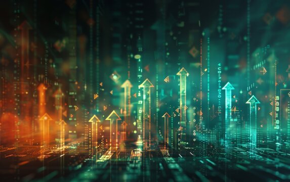 A computer generated image of a city with many green and orange arrows pointing upwards. Concept of growth and progress, as the arrows represent the upward movement of the city's development