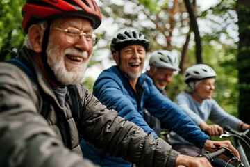Fototapeta premium Old mature people enjoying and riding bikes together to be fit and healthy outdoors. Active seniors having fun training in nature. Generative AI