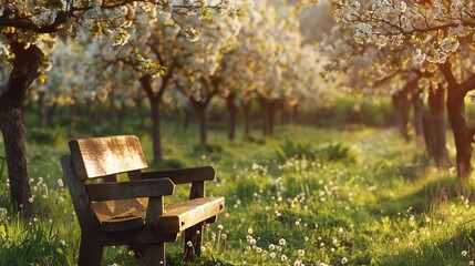 Naklejka premium A wooden bench sits in a blooming orchard, bathed in warm sunlight. White blossoms fill the trees and grass, creating a peaceful, springtime scene.