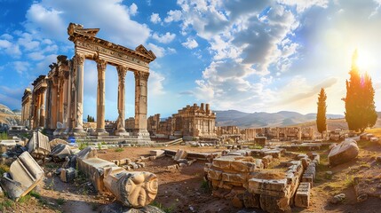 Obraz premium Ancient Roman ruins with columns and arches under a vibrant sunset sky.
