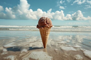 Chocolate ice cream on the sea beach background. Dessert food and vacation concept. Landscape view for wallpaper, poster, banner, card