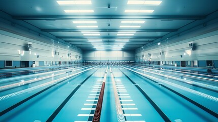 Fototapeta premium An empty indoor swimming pool with bright lighting and clear blue water.