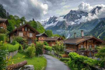 Fototapeta premium Charming wooden chalets nestled in a lush green valley with majestic snow-capped mountains in the background.