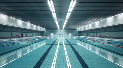 Fototapeta premium Empty indoor swimming pool with bright lights reflecting in the water. The lanes are visible, ready for swimmers.