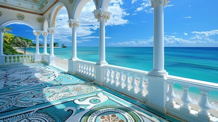 A beachfront villa balcony where the floor is adorned with intricate mosaics, capturing the vibrant blues and teals of the sea, offering a perfect spot to enjoy the ocean vistas.