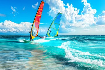 Naklejka premium Two windsurfers glide across turquoise water under a bright blue sky with fluffy white clouds.