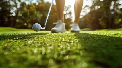 Sports and Athletic Excellence: A golf ball on a green field under a clear blue sky.