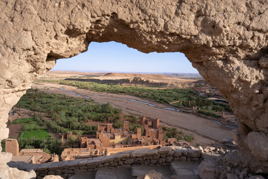 View of Ouarzazate from the Kasbah of Ait Ben Haddou. River dry season.The Berbers built many mud-house Kasbah near the Ait Ben Haddou Gorge, Morocco.