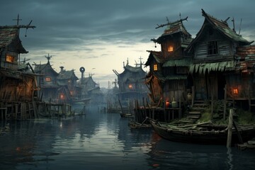 Fototapeta premium Artistic depiction of an eerie, ancient village on stilts over calm waters during the blue hour
