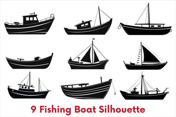 Fishing Boat Silhouette With Different Style, fishing boat black silhouette
