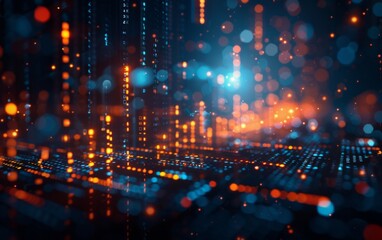Fototapeta premium A computer generated image of a cityscape with bright lights and a blue sky. The image is full of bright colors and has a futuristic feel to it