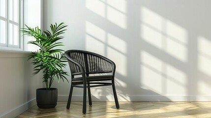 Fototapeta premium A stylish black wicker chair rests near a potted palm plant by a window casting strong geometric shadows on a bright white wall for interior design concepts.