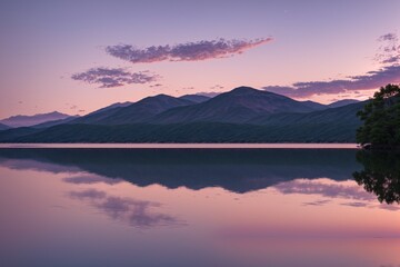 Fototapeta premium A peaceful lake at dusk with the sky painted in shades of pink and purple