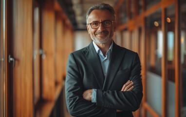 Fototapeta premium A man in a suit is standing in a hallway with his arms crossed. He is smiling and he is confident