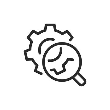 recommend clip art: Gear with magnifying glass, linear style icon. technical inspection and analysis. Editable stroke width