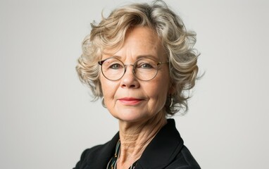 Fototapeta premium A woman with short hair and glasses is smiling. She is wearing a black jacket and a necklace