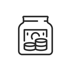 Coins inside a jar, linear style icon. savings, financial planning, or investment. Editable stroke width.