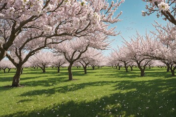 Fototapeta premium A tranquil orchard in full bloom with bees buzzing around