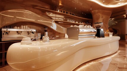 A interior designed with simplicity in mind, where the glossy ivory counter curves gracefully, set in an atmosphere of warm tones and equipped with the finest coffee brewing technology.