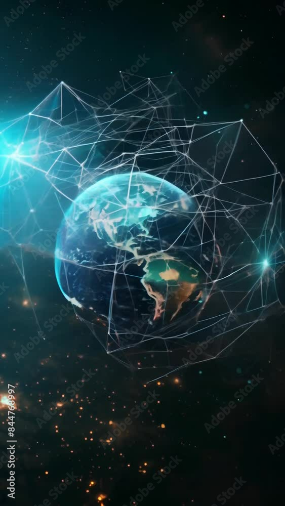 Poster Earth from space with illuminated cities and digital network connections. High-resolution digital artwork. Futuristic technology and global communication concept. 