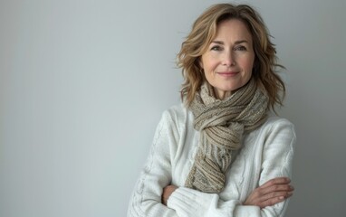 Obraz premium A woman wearing a white sweater and a scarf is smiling. She is posing for a picture. The scarf is long and has a pattern