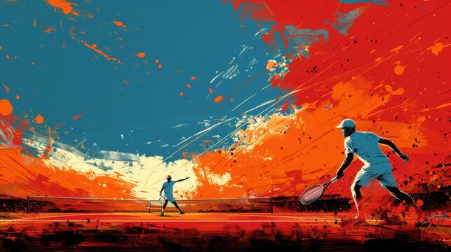 Illustration of a tennis match with players in mid-serve and return.