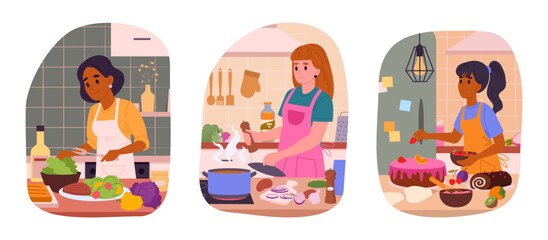 Woman cooking at home. Female characters cooking tasty dishes, preparing food at home flat vector illustration set. Homemade meal preparation