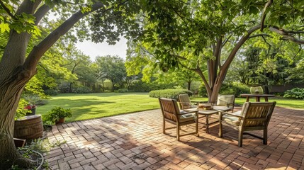 A shaded brick patio furnished with outdoor wicker chairs and a table offers a peaceful spot to relax within a lush green garden setting.