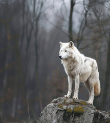 Obraz premium Majestic White Wolf in Dark Forest Setting Looking Left