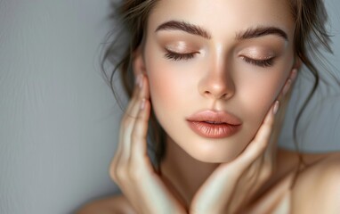 Naklejka premium A woman with a beautiful face and a nice smile. She is wearing makeup and has a nice complexion