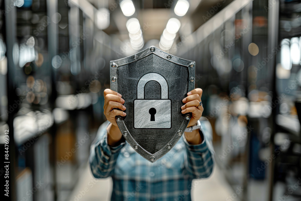 Sticker A man is holding a shield with a lock on it