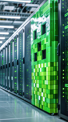 A row of green computer servers with a green monster on the wall