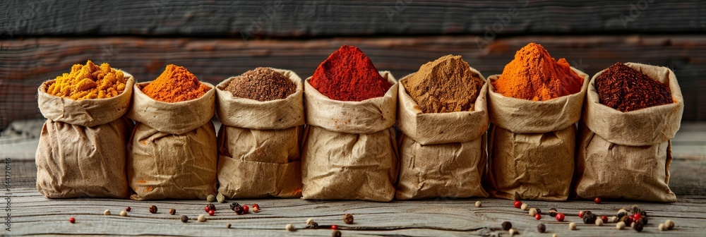Poster A close-up shot of various spices in open paper bags arranged on a rustic wooden surface. Generative AI
