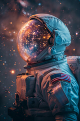 Close-Up Digital Art of Astronaut Helmet Reflecting Starry Nebula and Cosmic Wonders