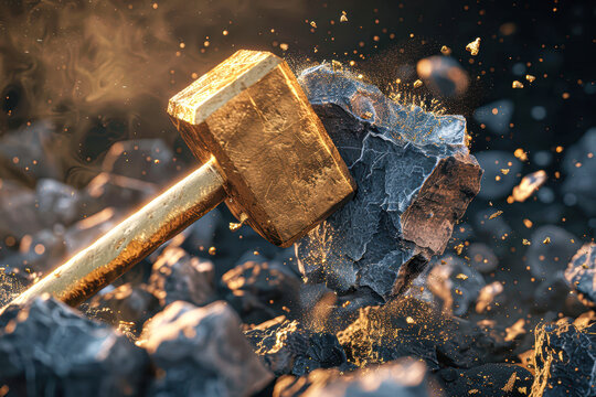 A big gold hammer is used to break a large rock into smaller pieces