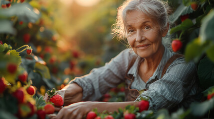 cute old woman with grey hair picking up strawberries from her garden - Powered by Adobe