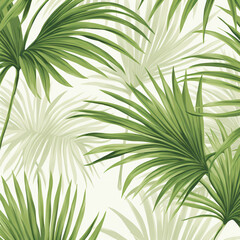 A seamless pattern of light green palm leaves, their delicate silhouettes blending seamlessly with the background in soft shades of cream and beige.