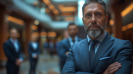 Obraz premium successful mature businessman in grey suit taking a picture
