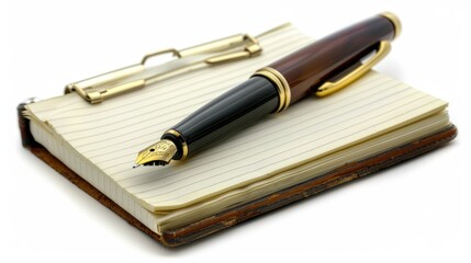 Pen and notebook on white background