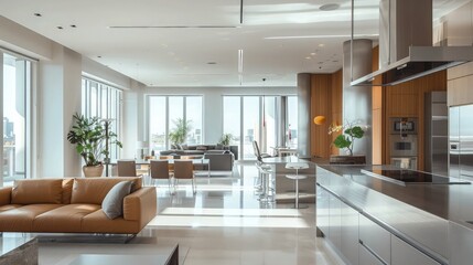 Fototapeta premium A contemporary open-plan space combining a kitchen and a living room, with minimalist furniture, stainless steel fixtures, and expansive windows that flood the area with natural light.
