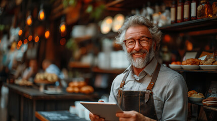 mature man owner of a small coffee shop welcoming the customers