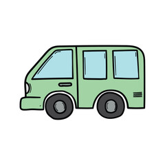 Hand drawn cartoon green camper van on white background. Family travel, vacation.