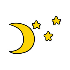 Hand drawn cartoon moon and stars on white background.